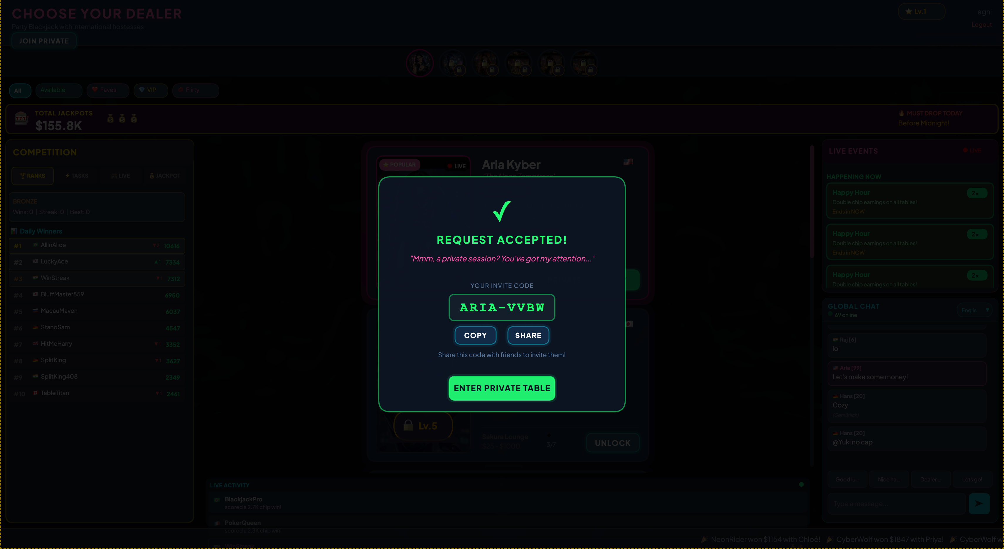 Private table request accepted with invite code